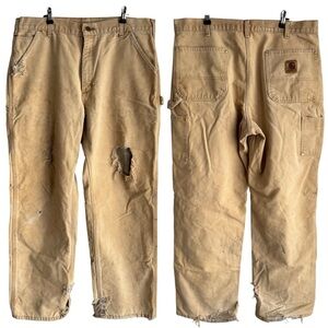 Vintage 2004 Thrashed Carhartt Pants 36/32 Beige Plaid Lined Grunge Y2K USA